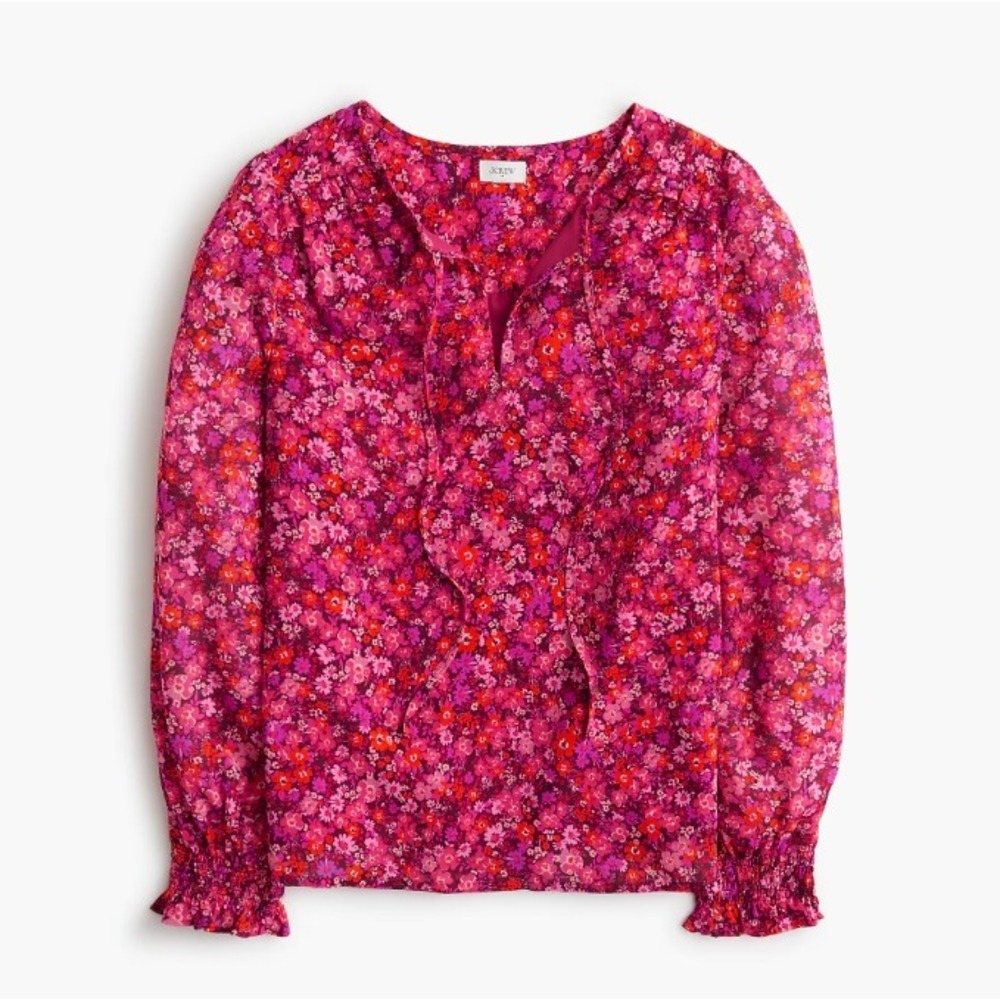 J. Crew‎ Factory Blouse Top Women's Small Pink Floral Long Sleeve Tie Front